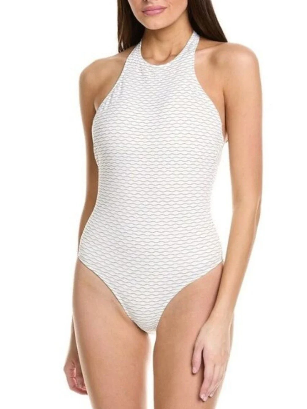 Milly Jackie Textured Waves Halter One-Piece Swimsuit, White Medium